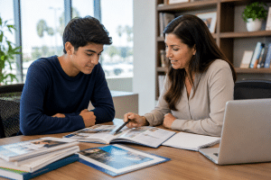 San Diego student meeting with a college advisor to explore academic programs, college choices, majors, and future career goals.