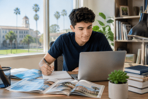 College-bound student reviewing university programs, academic interests, and career options to confidently choose a suitable field of study.