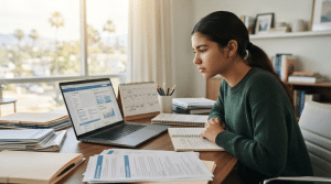 High school student organizing university applications, admission deadlines, essays, and college planning materials.