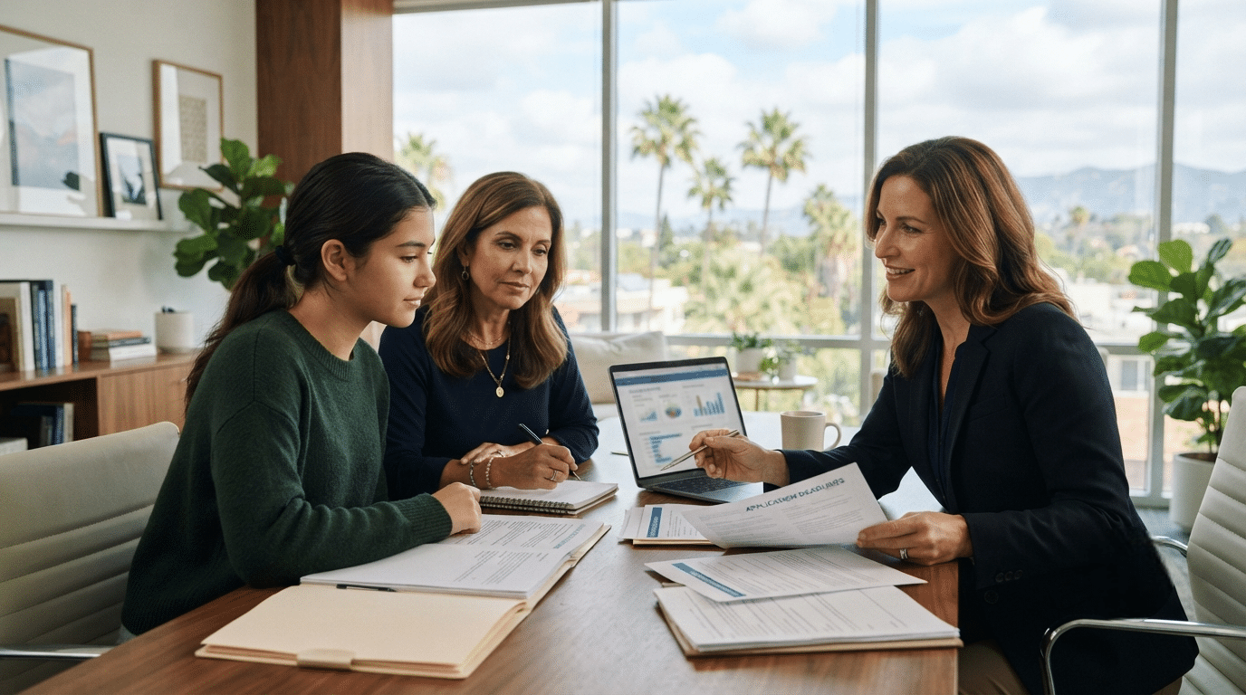 Student and parent receiving personalized university admissions guidance during a college application planning session in San Diego.