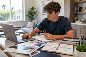 San Diego high school student researching university options and organizing college admissions applications.