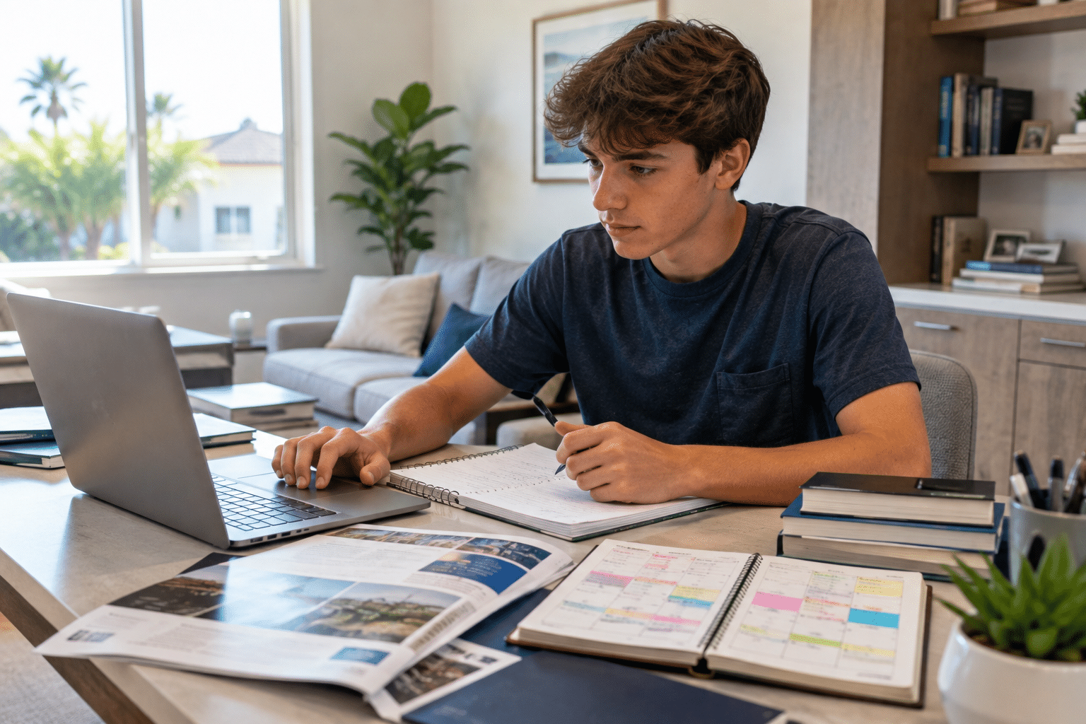 San Diego high school student researching university options and organizing college admissions applications.