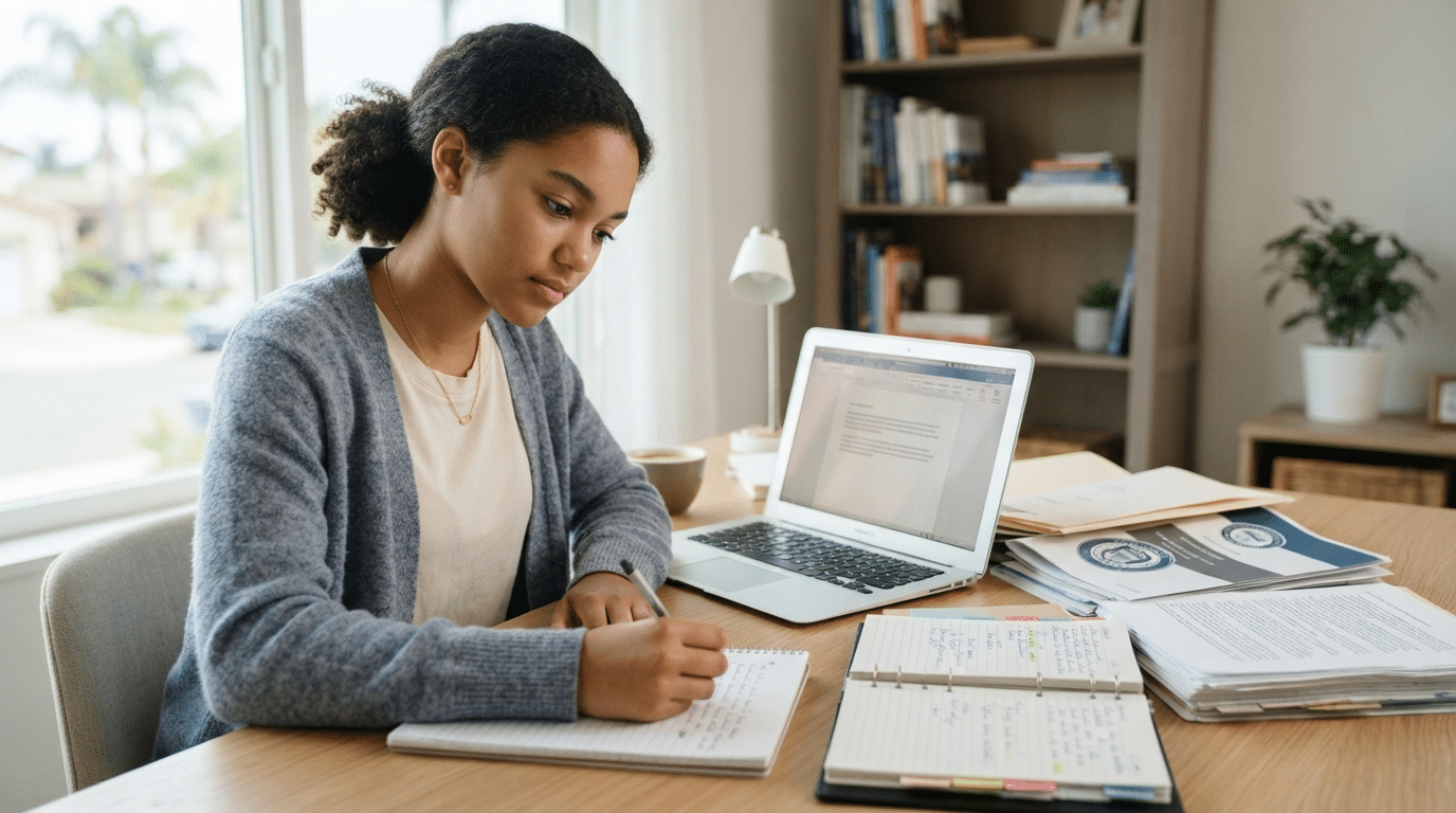 Southern California high school senior receiving best college application help while preparing college essays and organizing admissions materials at home.