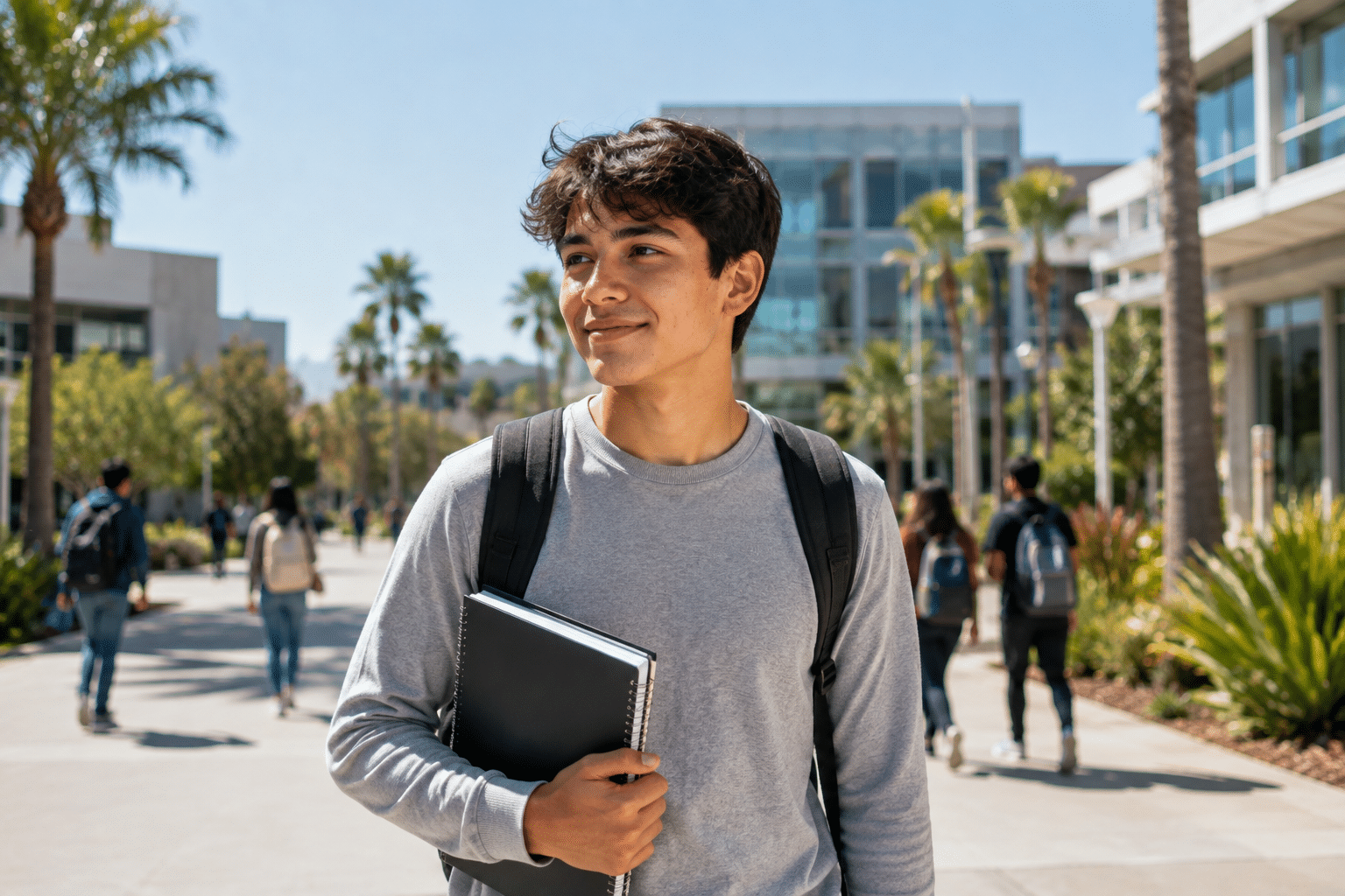 College-bound student exploring a Southern California university campus while preparing for the transition to college.