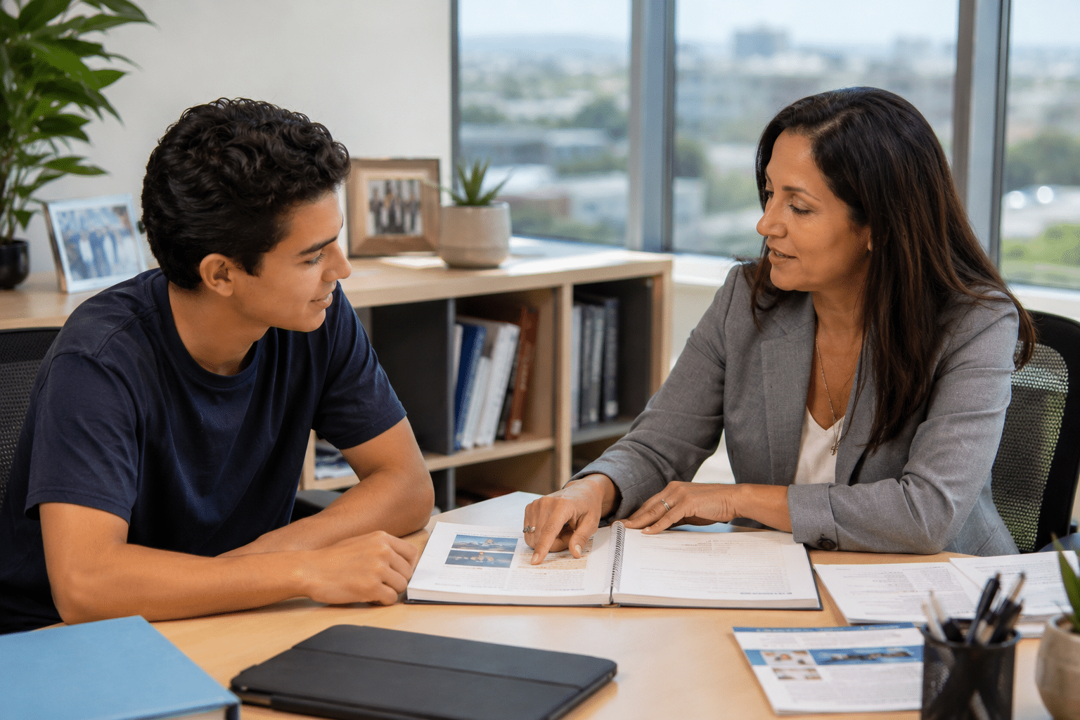 High school student meeting with a college advisor in San Diego to prepare academically and practically for freshman year.