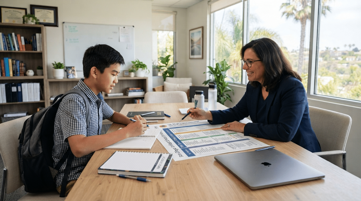 Male ninth-grade student receiving college planning guidance from an advisor in San Diego.
