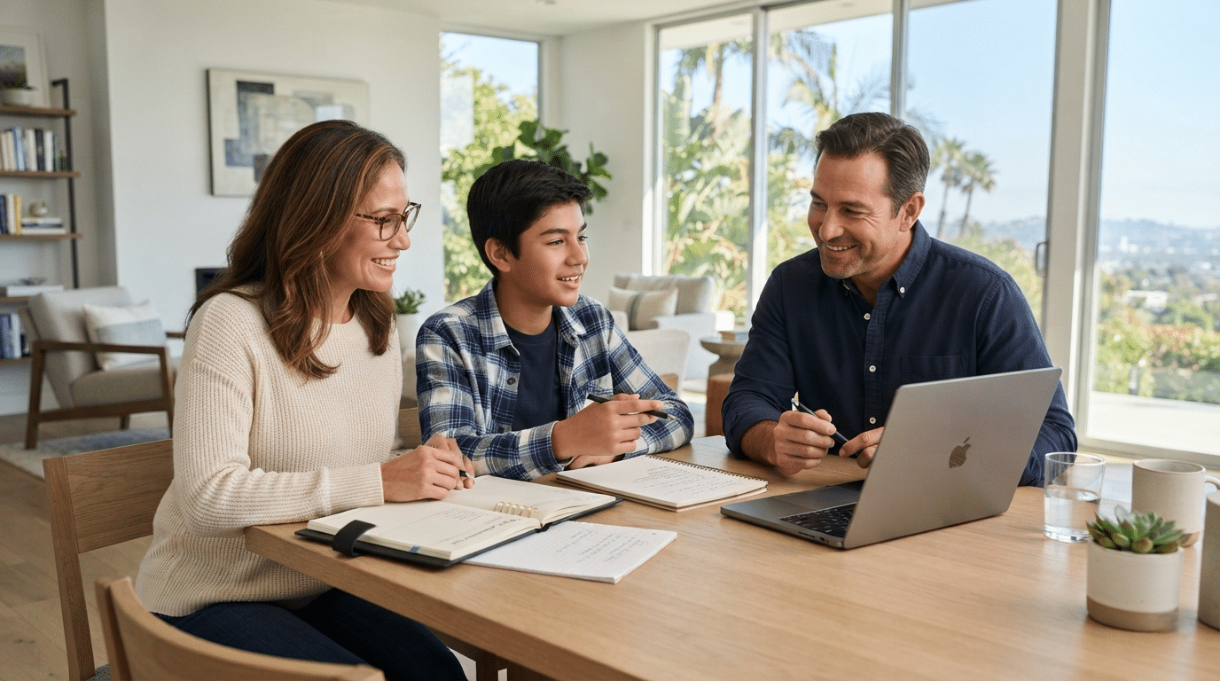 Female high school freshman using early college planning services with her family in San Diego, reviewing college goals, academic plans, and a four-year high school roadmap.