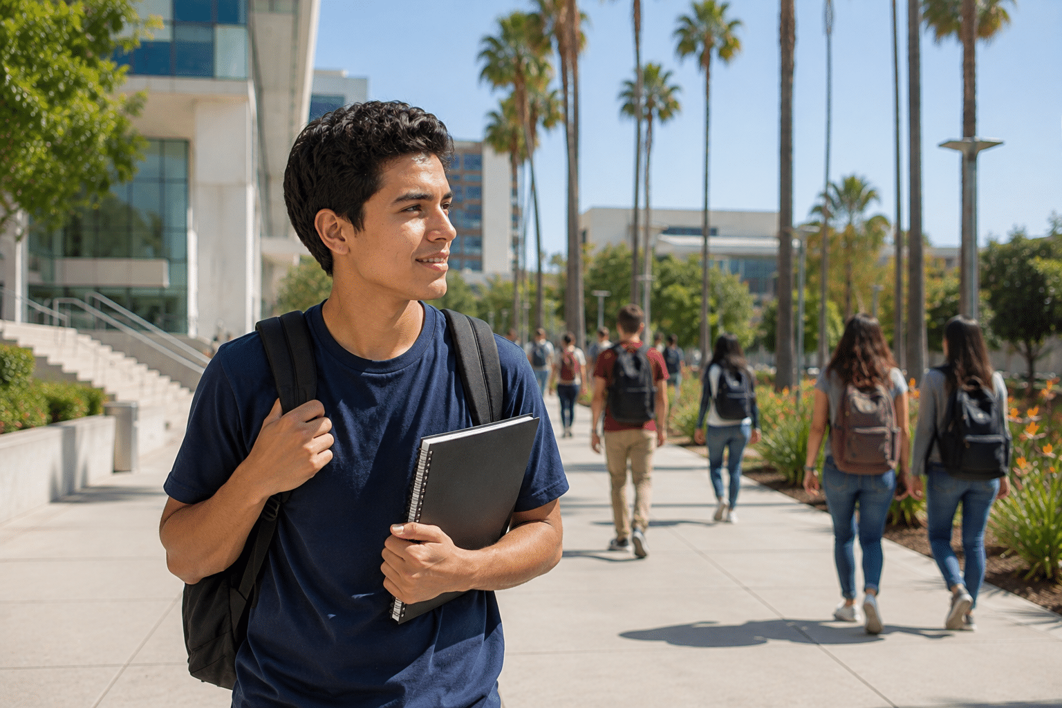 College-bound student preparing for freshman year while walking across a Southern California university campus.