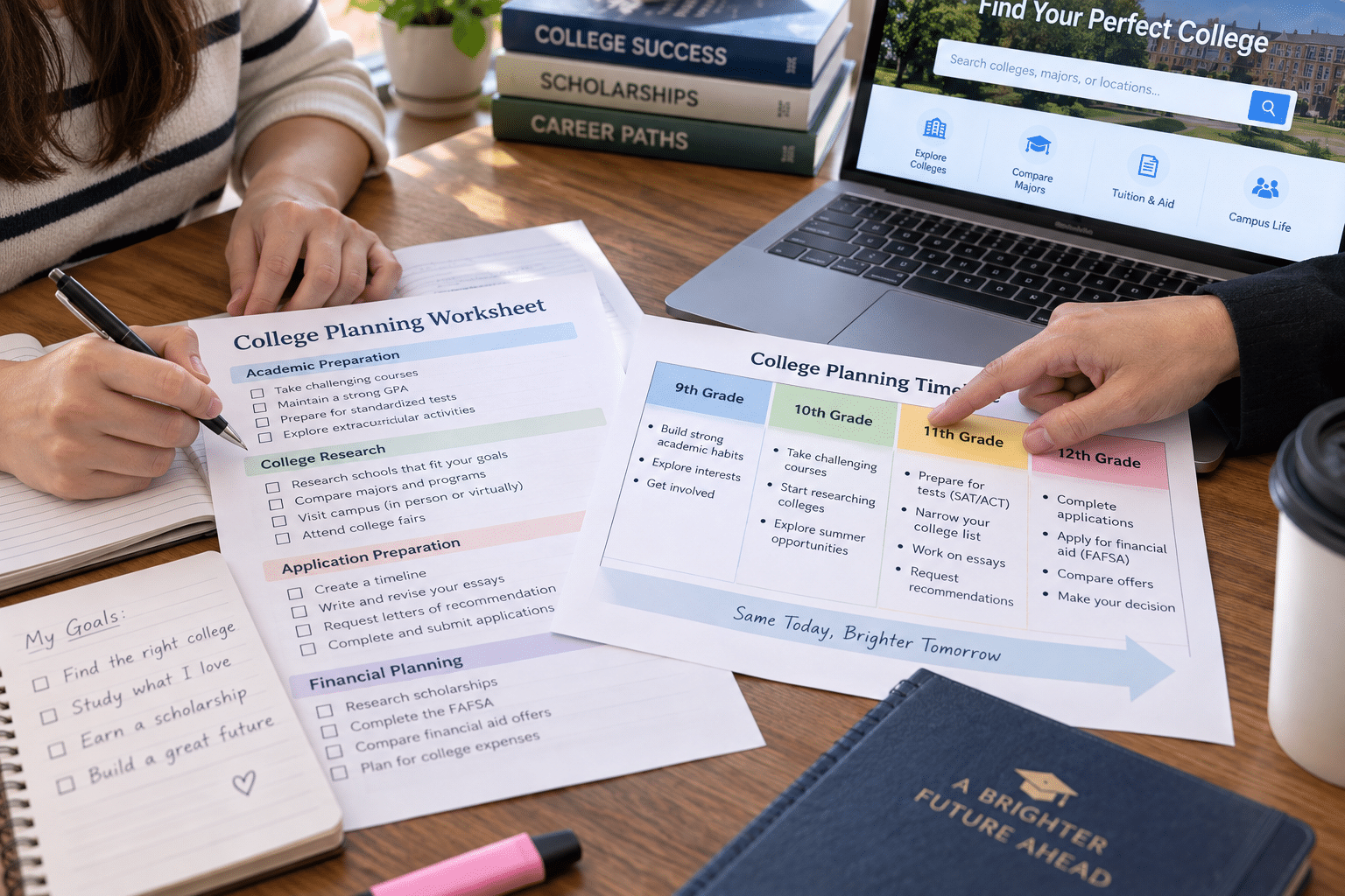 Family reviewing a college admissions timeline with a planning worksheet