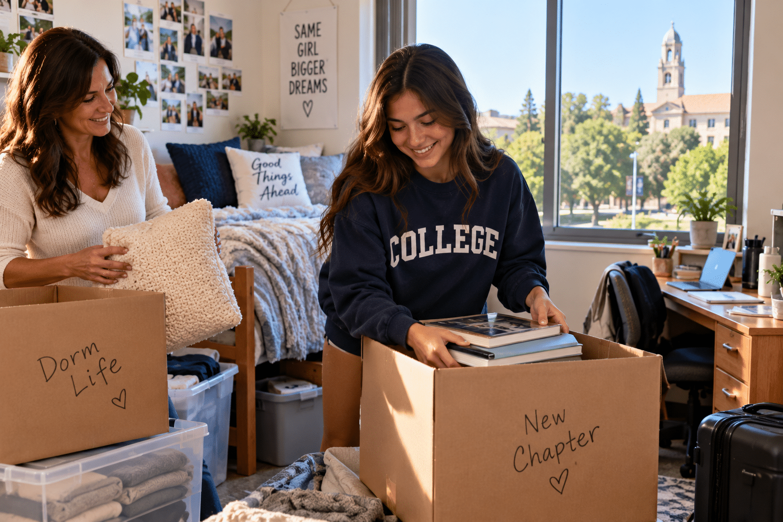 College freshman moving into a dorm room on campus