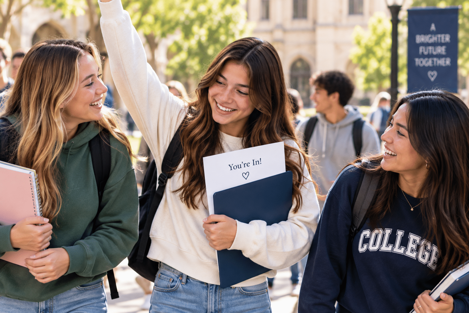 College student celebrating her success with new friends on a university campus.