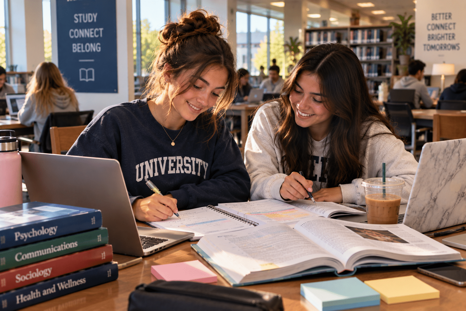 College students studying together with planners, laptops, and textbooks in a campus library.