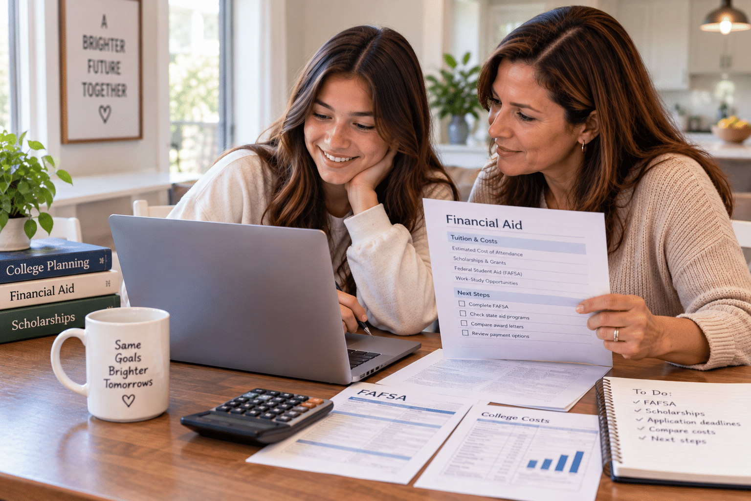 Family reviewing financial aid and college funding documents together
