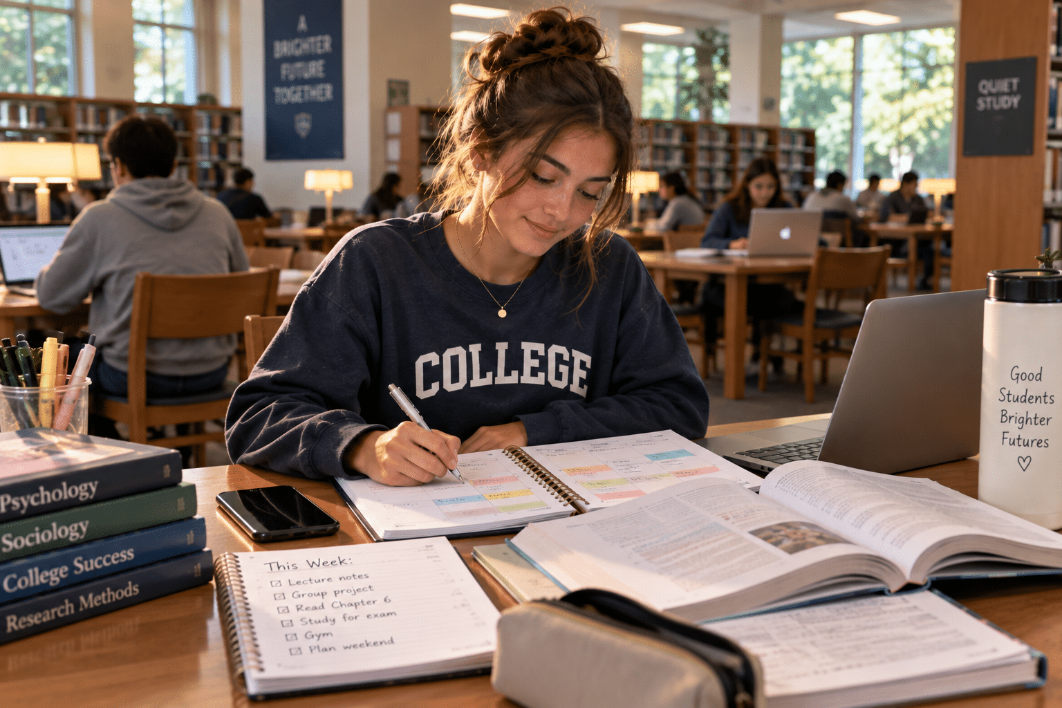 First-year college student using a weekly planner for time management
