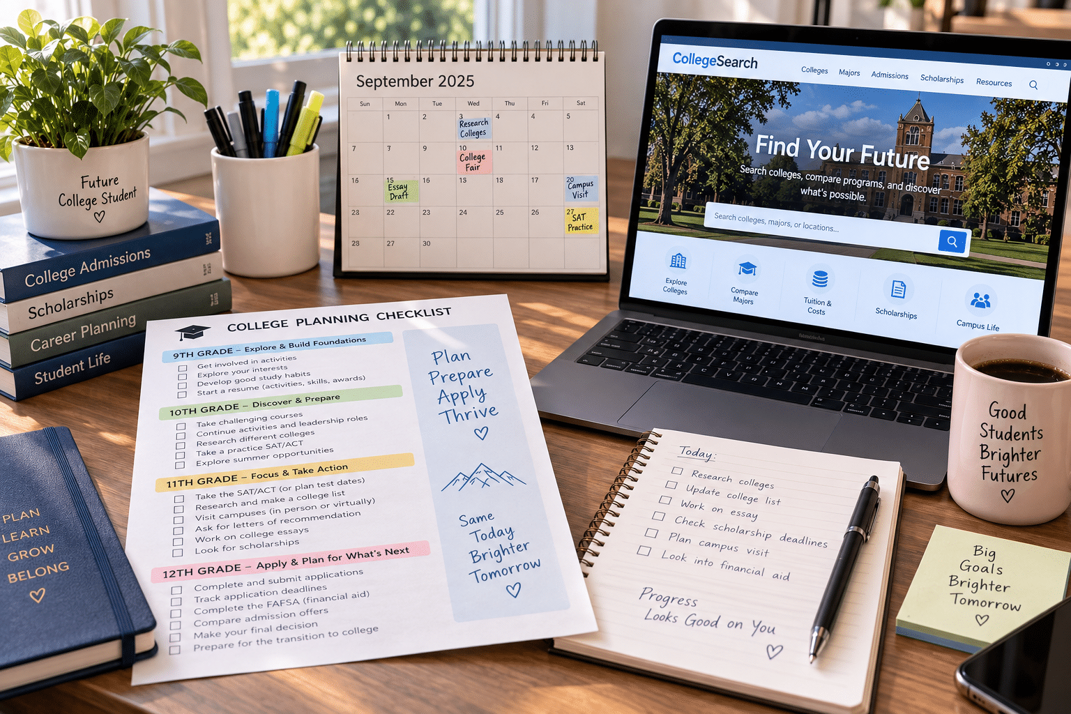 Year-by-year college admissions timeline checklist on a student's desk