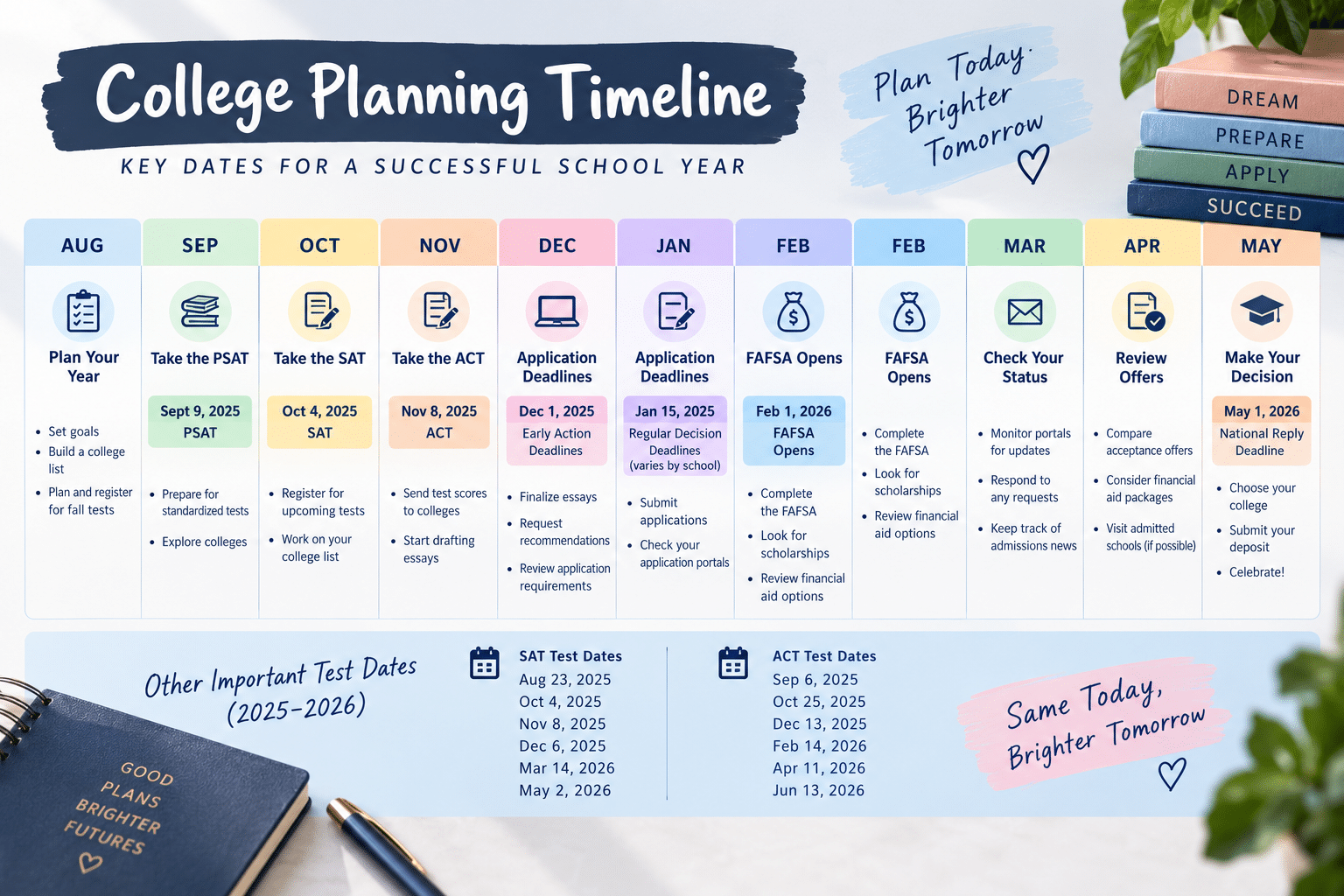Calendar showing SAT, ACT, and FAFSA milestones across a college admissions timeline