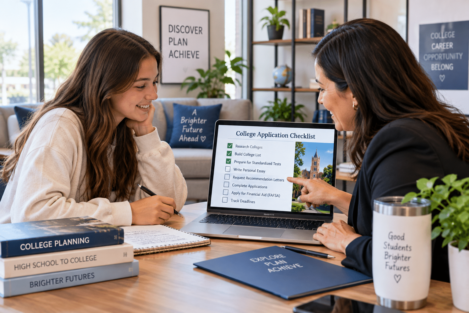 Student working with a college admissions counselor on application strategy