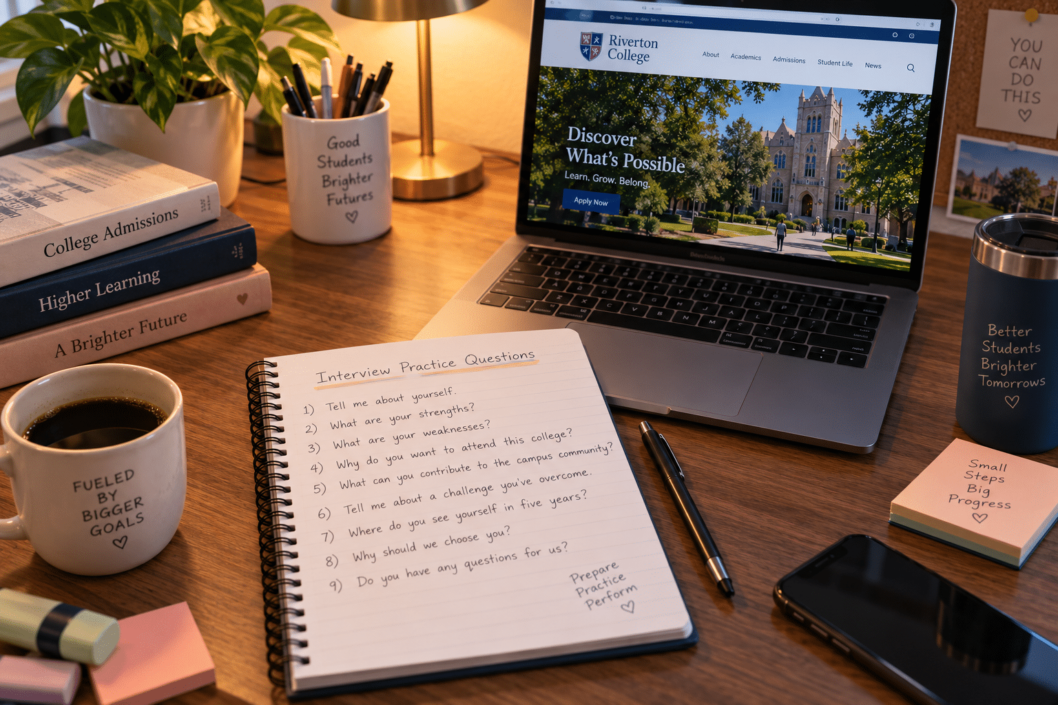 Student preparing notes for a college admissions interview