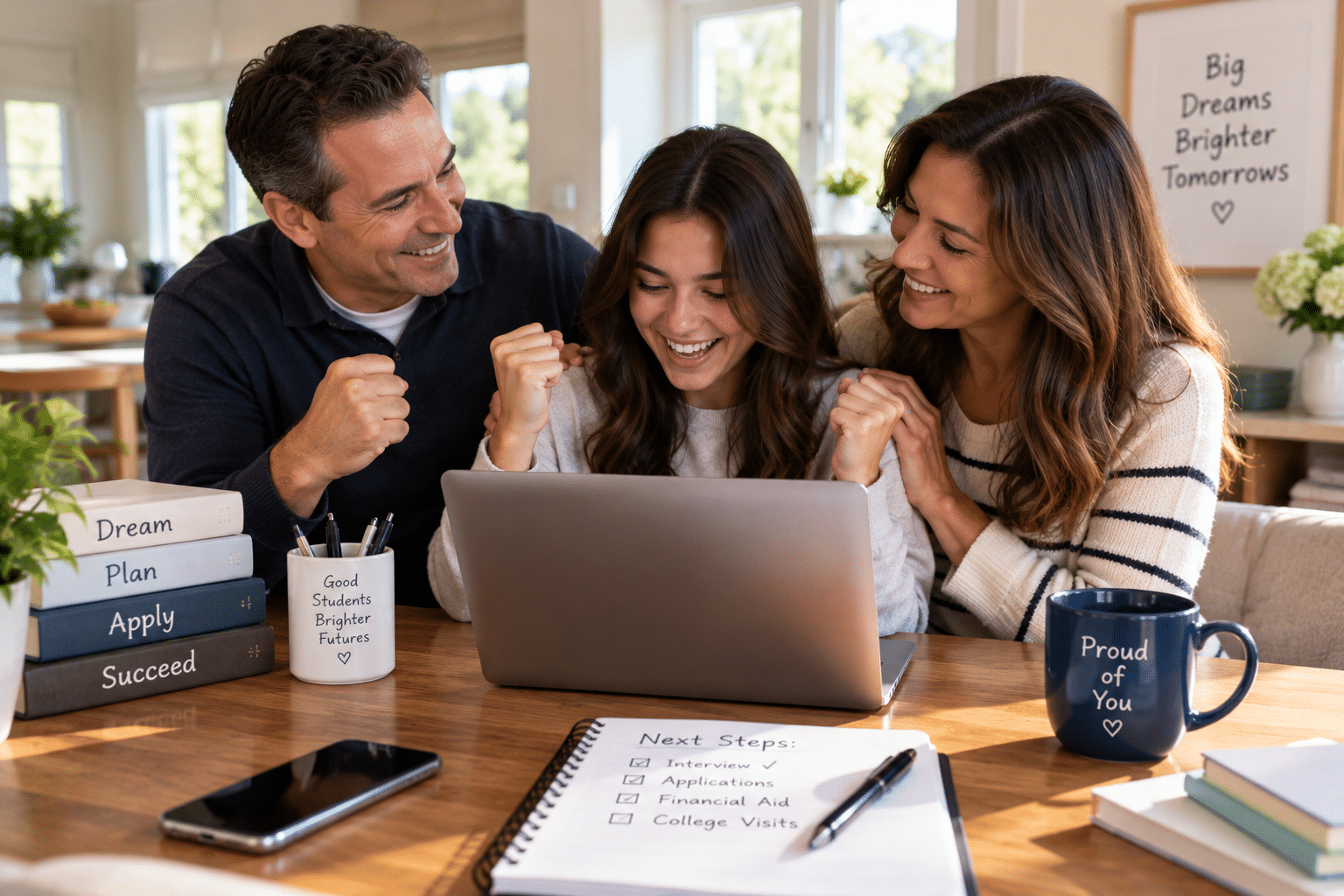 Student celebrating a successful college interview with her family at home.
