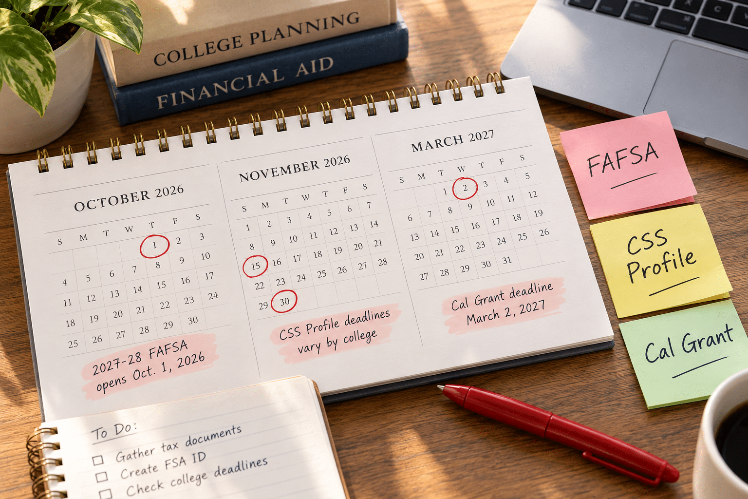 Calendar marking 2027-28 FAFSA, CSS Profile and Cal Grant deadlines