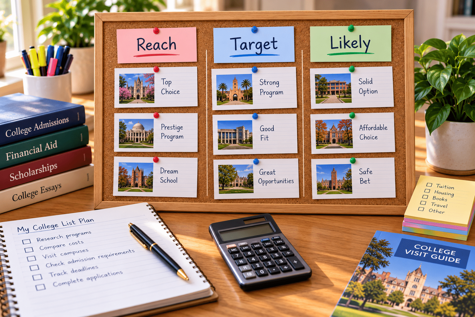 Planning board showing a balanced college list sorted into reach, target and likely schools