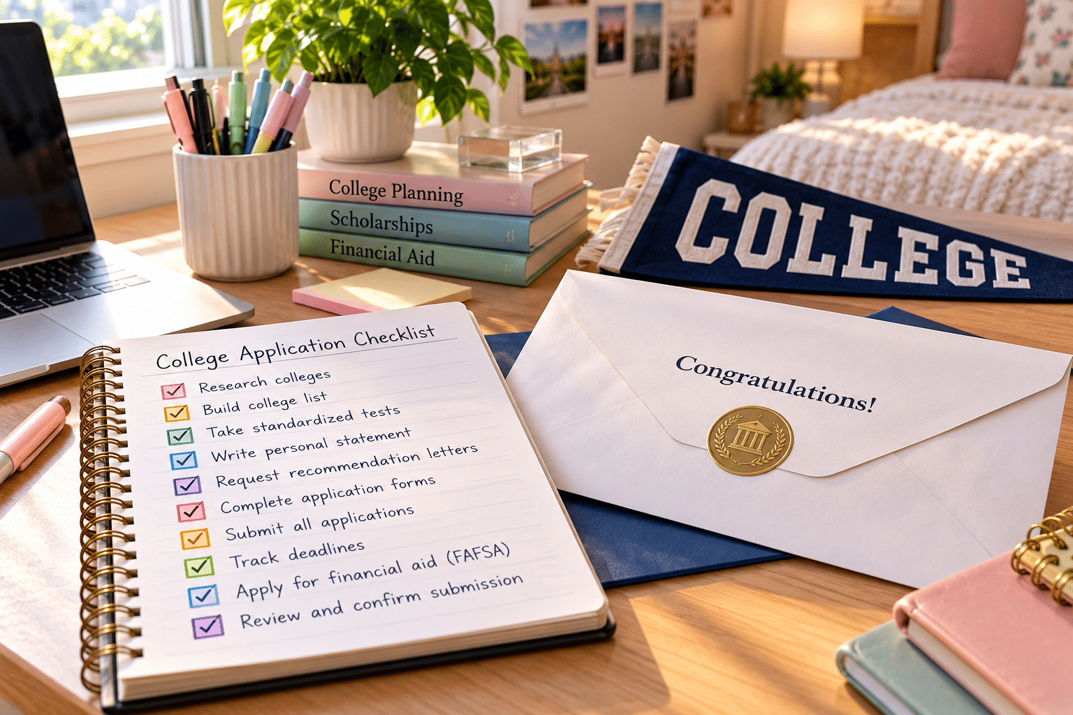 Completed college application checklist beside a college envelope