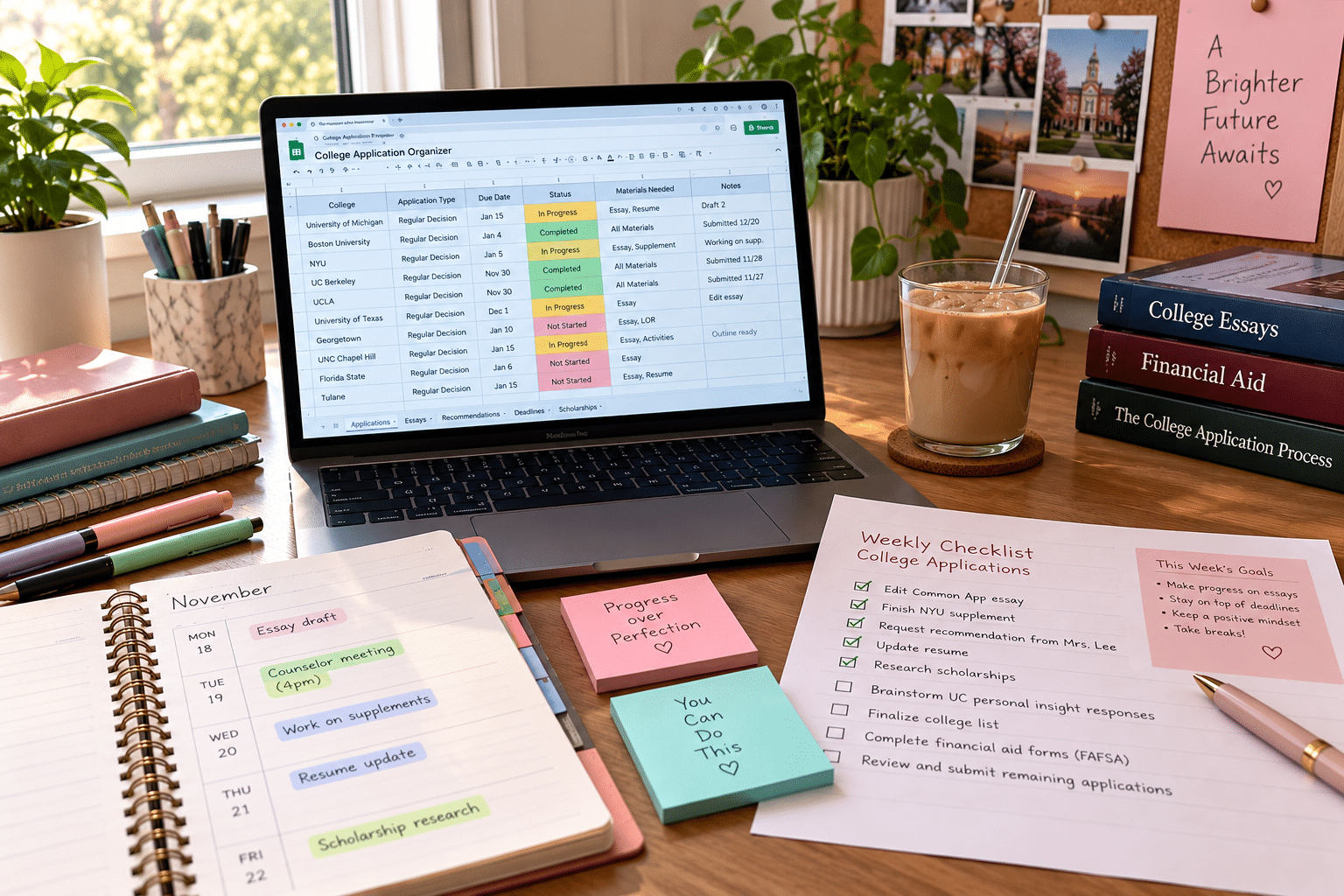 College application organizer spreadsheet and weekly checklist on a student desk