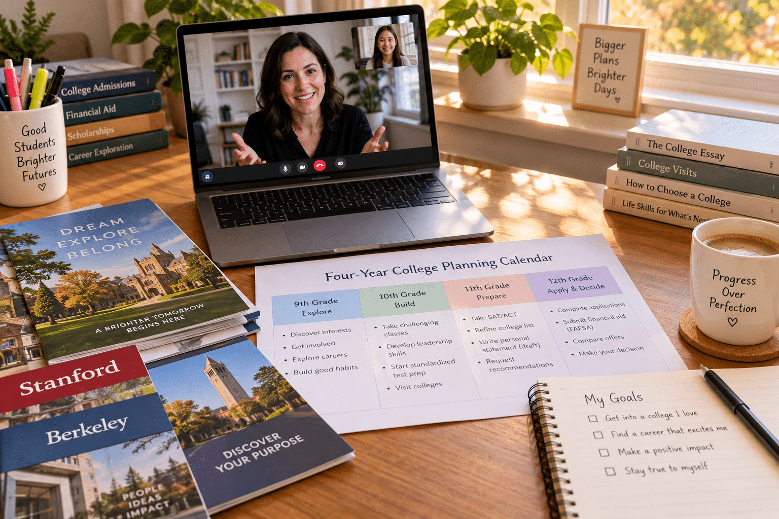 Study desk set up for a virtual college coaching session with a planning calendar and college brochures