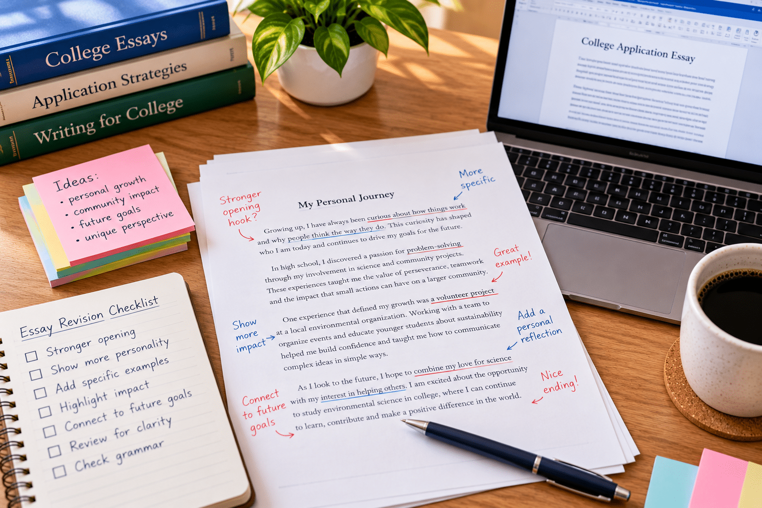 College application essay draft with revision notes during a college coaching session