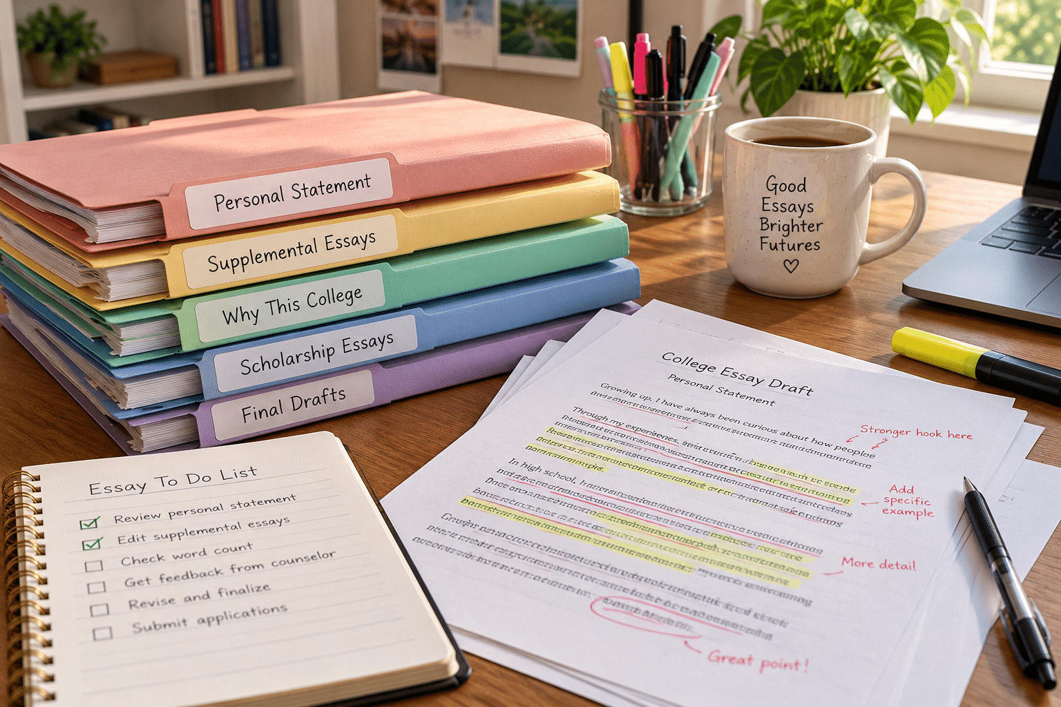 Organized folders of college essay drafts with handwritten edits