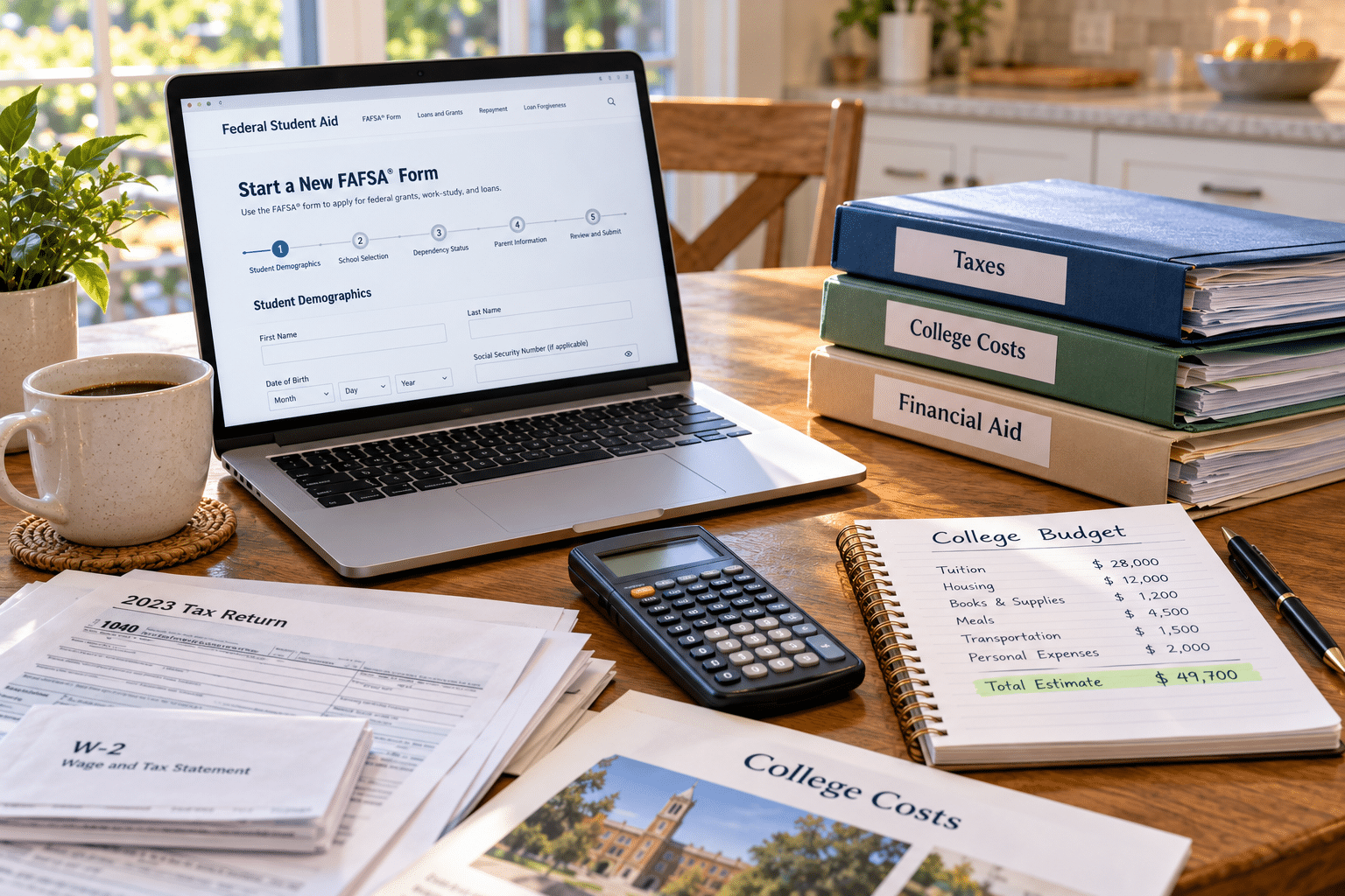 College financial aid and FAFSA planning documents on a kitchen table