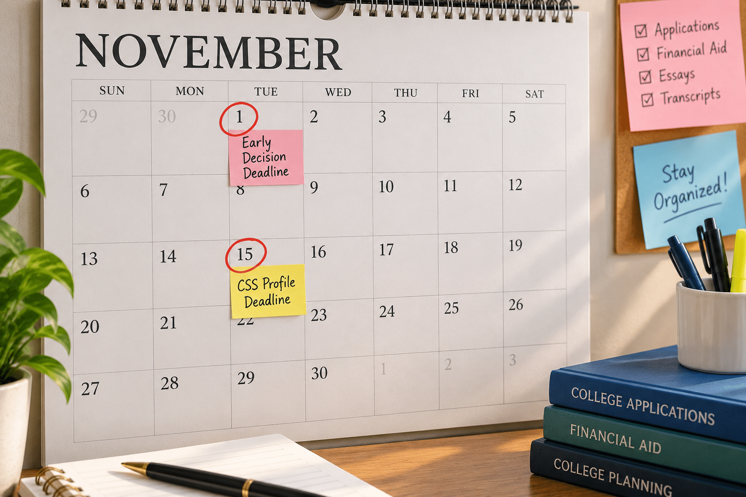 November calendar with early decision CSS Profile deadlines circled