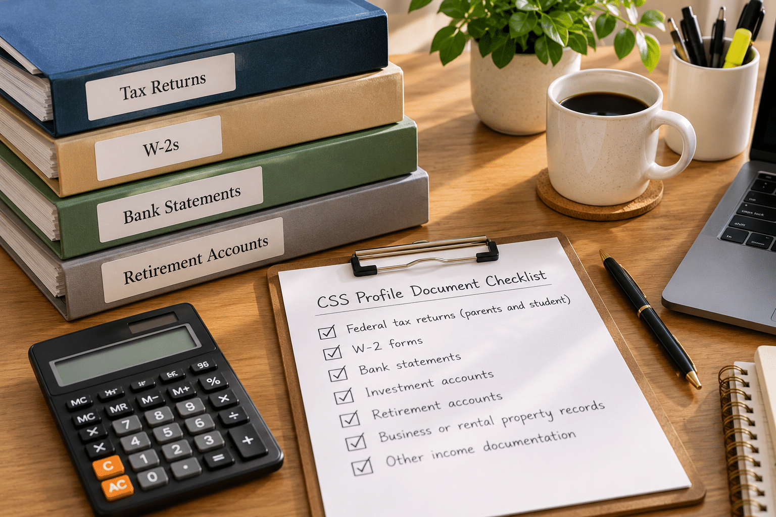 Organized folders of tax returns and financial statements needed for the CSS Profile