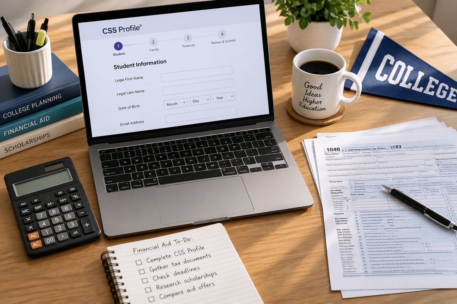 Laptop with a financial aid form, tax return and calculator on a desk while completing the CSS Profile