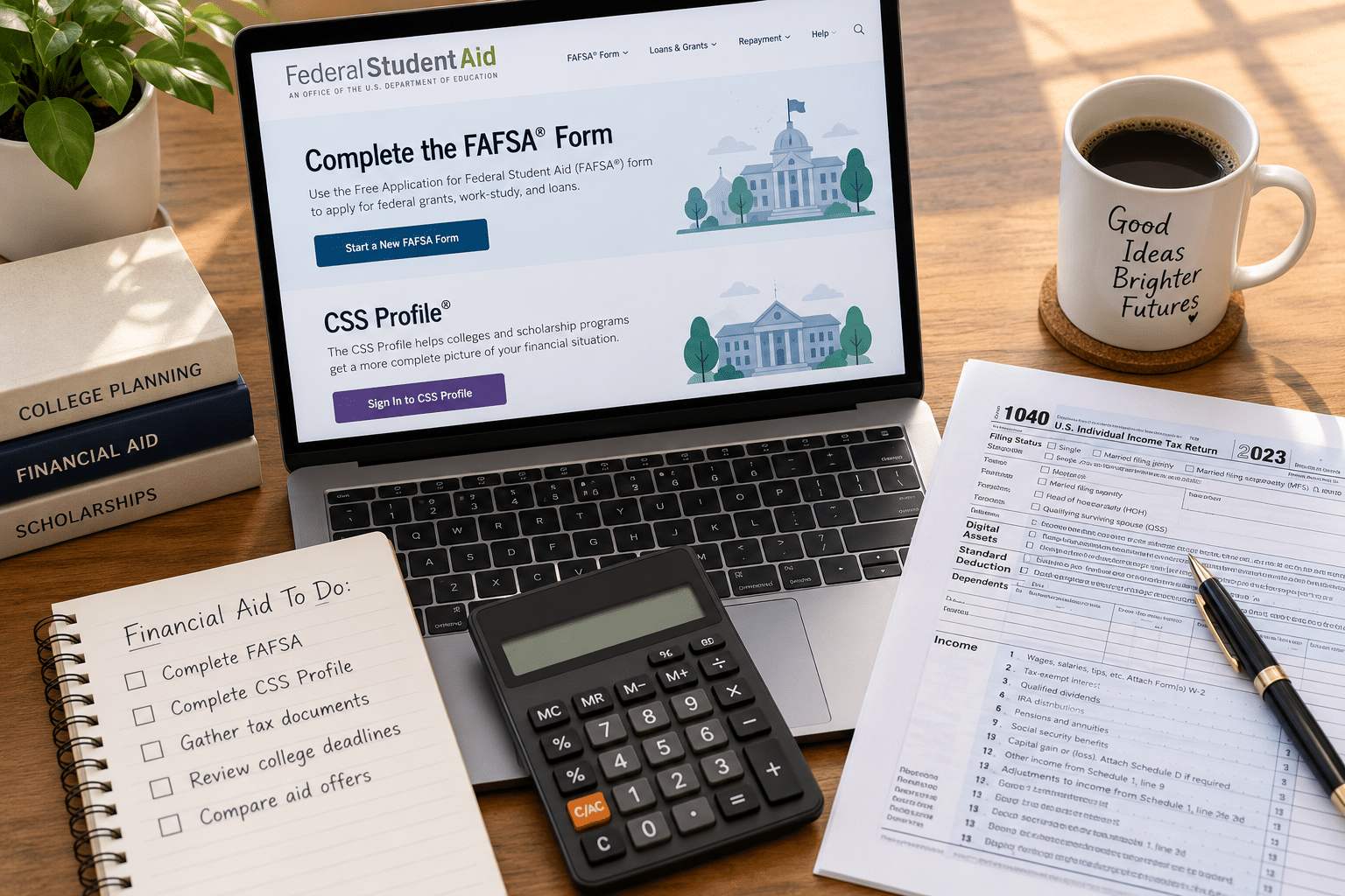 Laptop and tax documents prepared for completing the FAFSA and CSS Profile