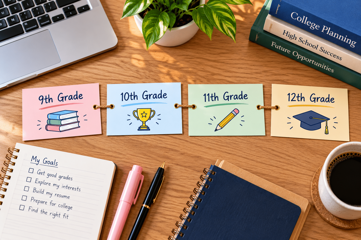 Four index cards showing a high school college planning timeline from ninth to twelfth grade