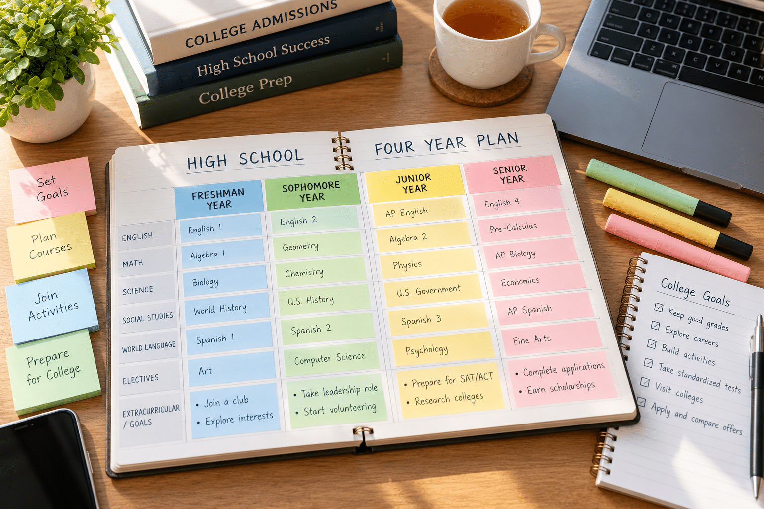 Four year high school course plan for college admissions on a desk with planner and laptop