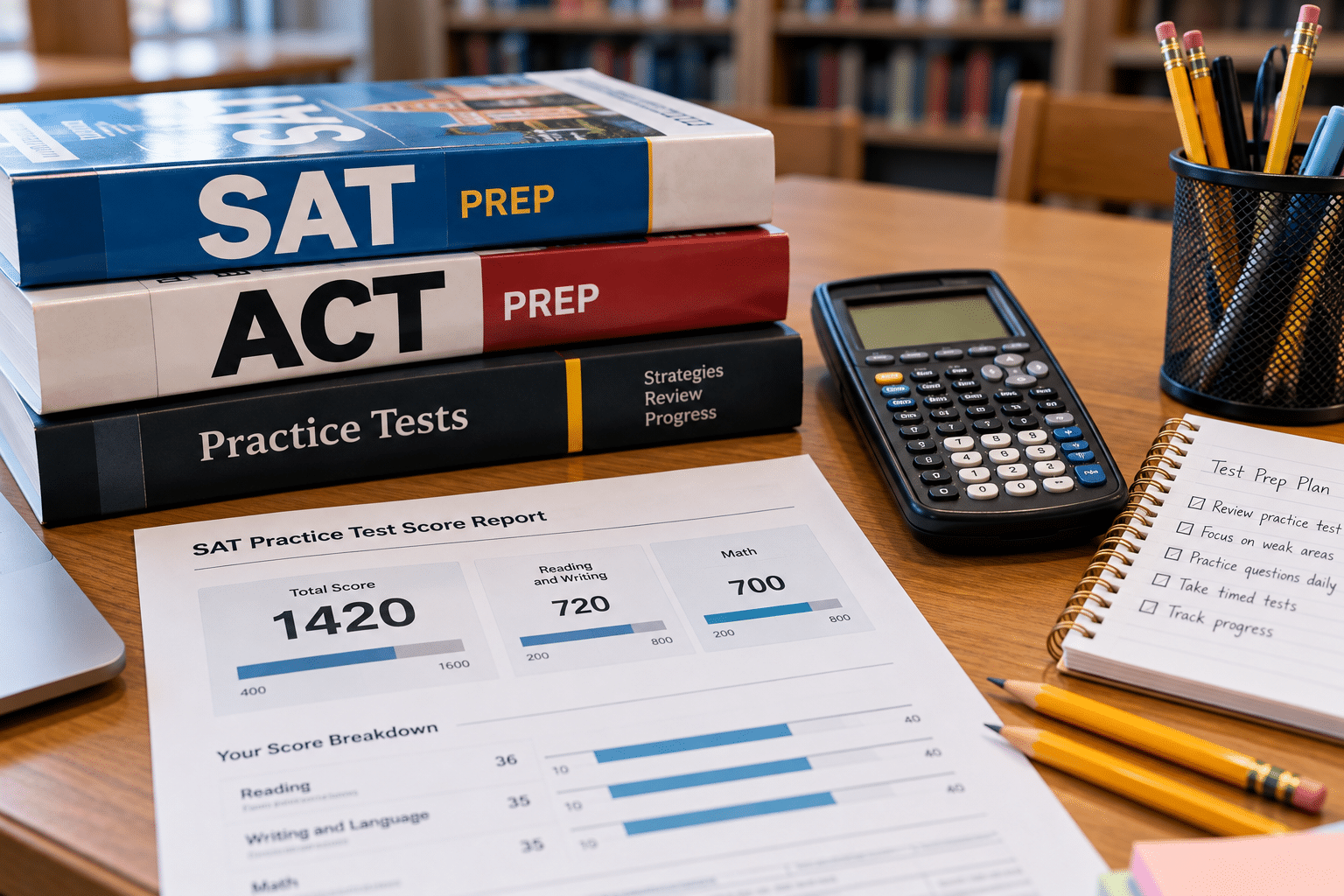 SAT and ACT test prep books and calculator for junior year college planning