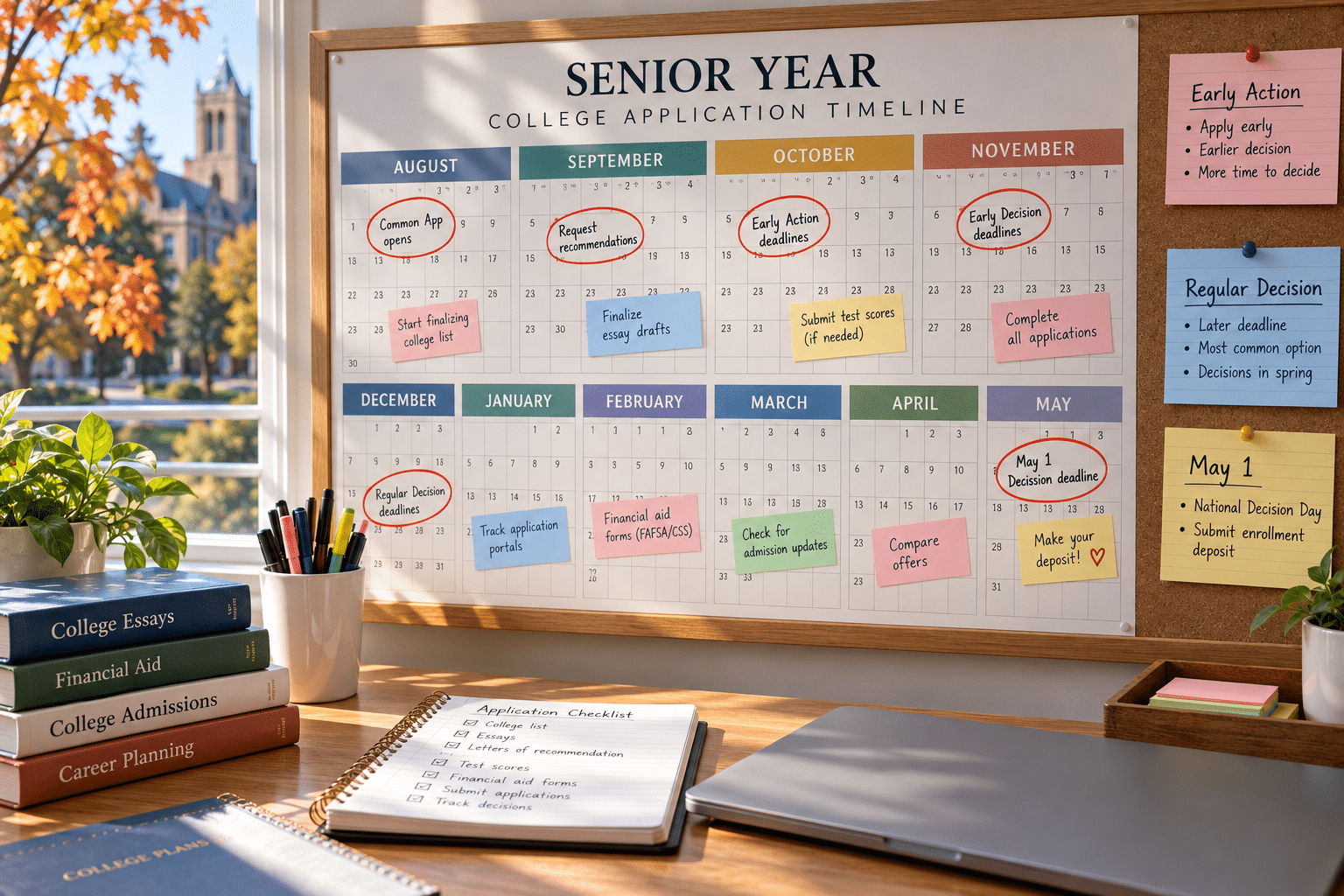 Senior year college application timeline calendar with early action and regular decision deadlines