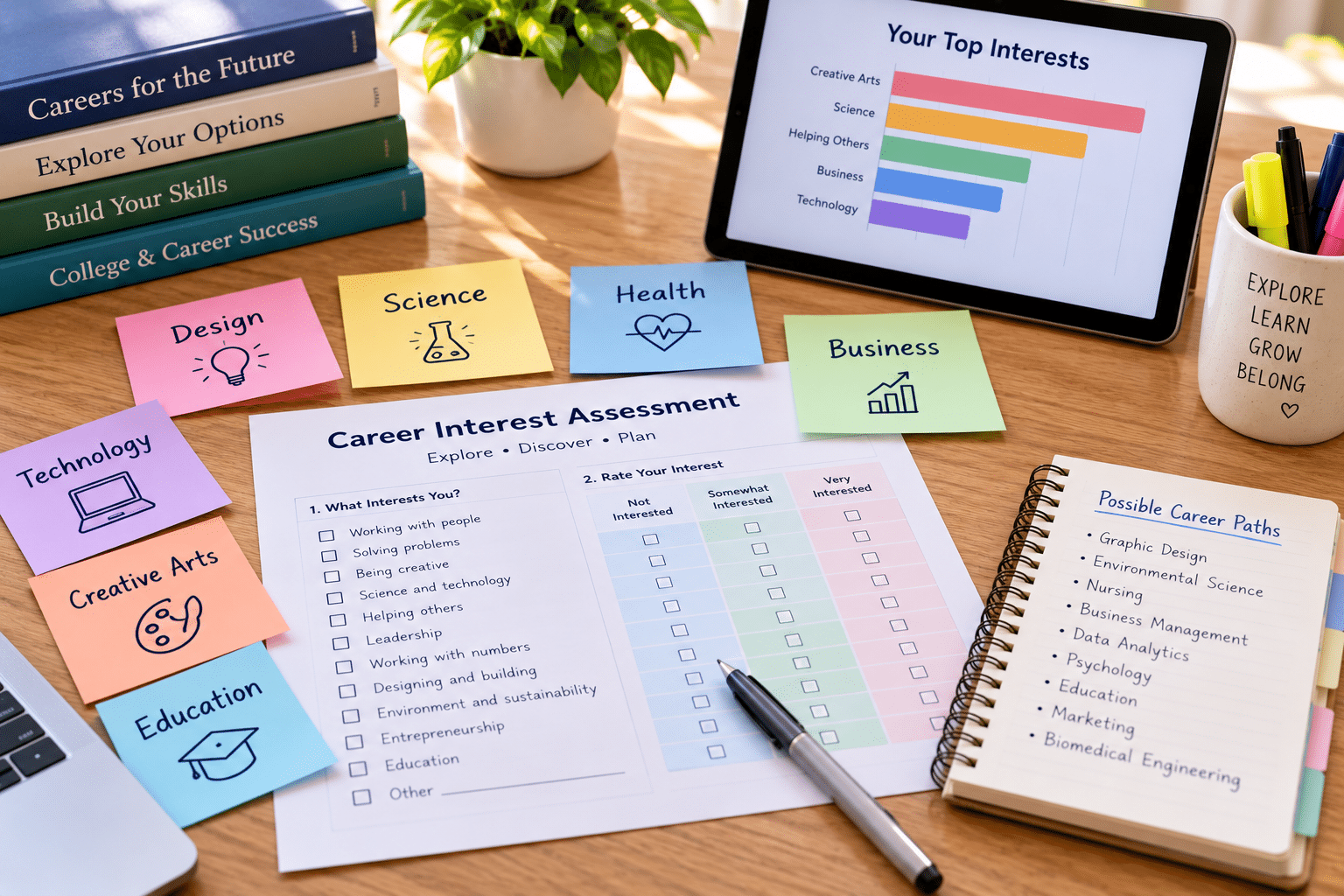 Career interest assessment worksheet and sticky notes used in college coaching for teens